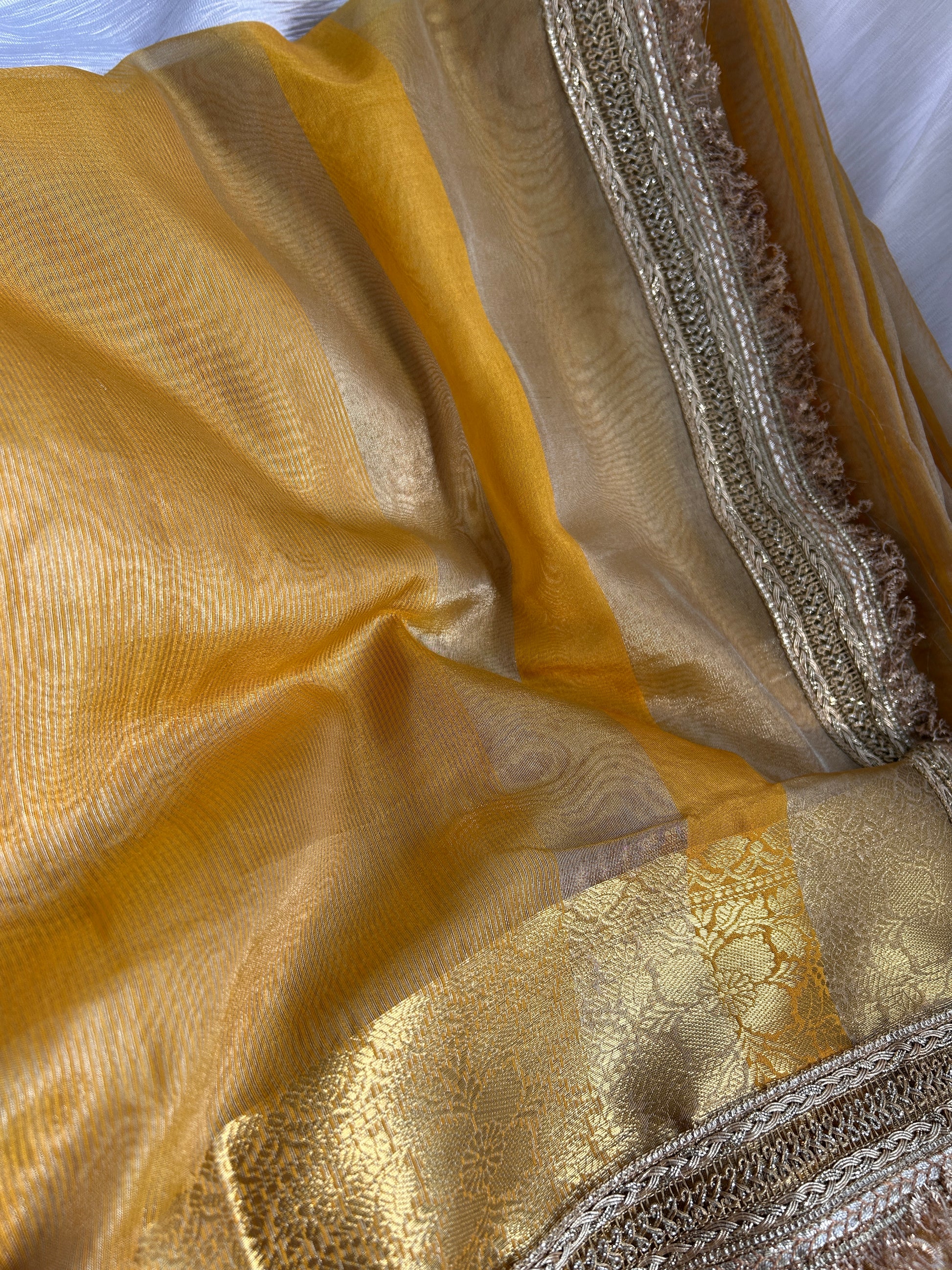 Close-up of gold fabric with intricate patterns and textures