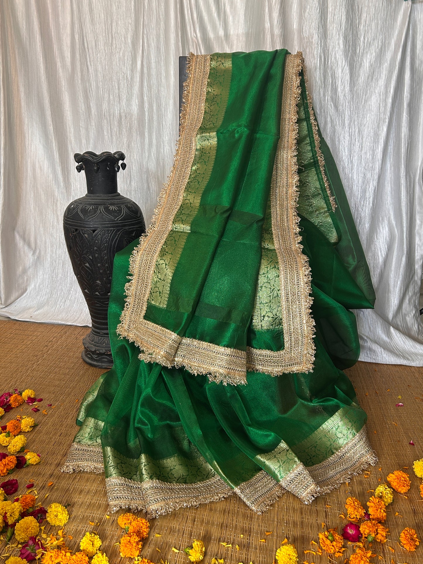 MeherunNisa Tissue Silk Saree (Deep Dark Green)