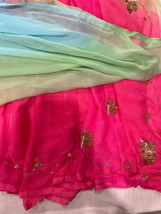 Parizaat Chiffon Saree (Ombre Blend of Hot Pink & Sea Green)