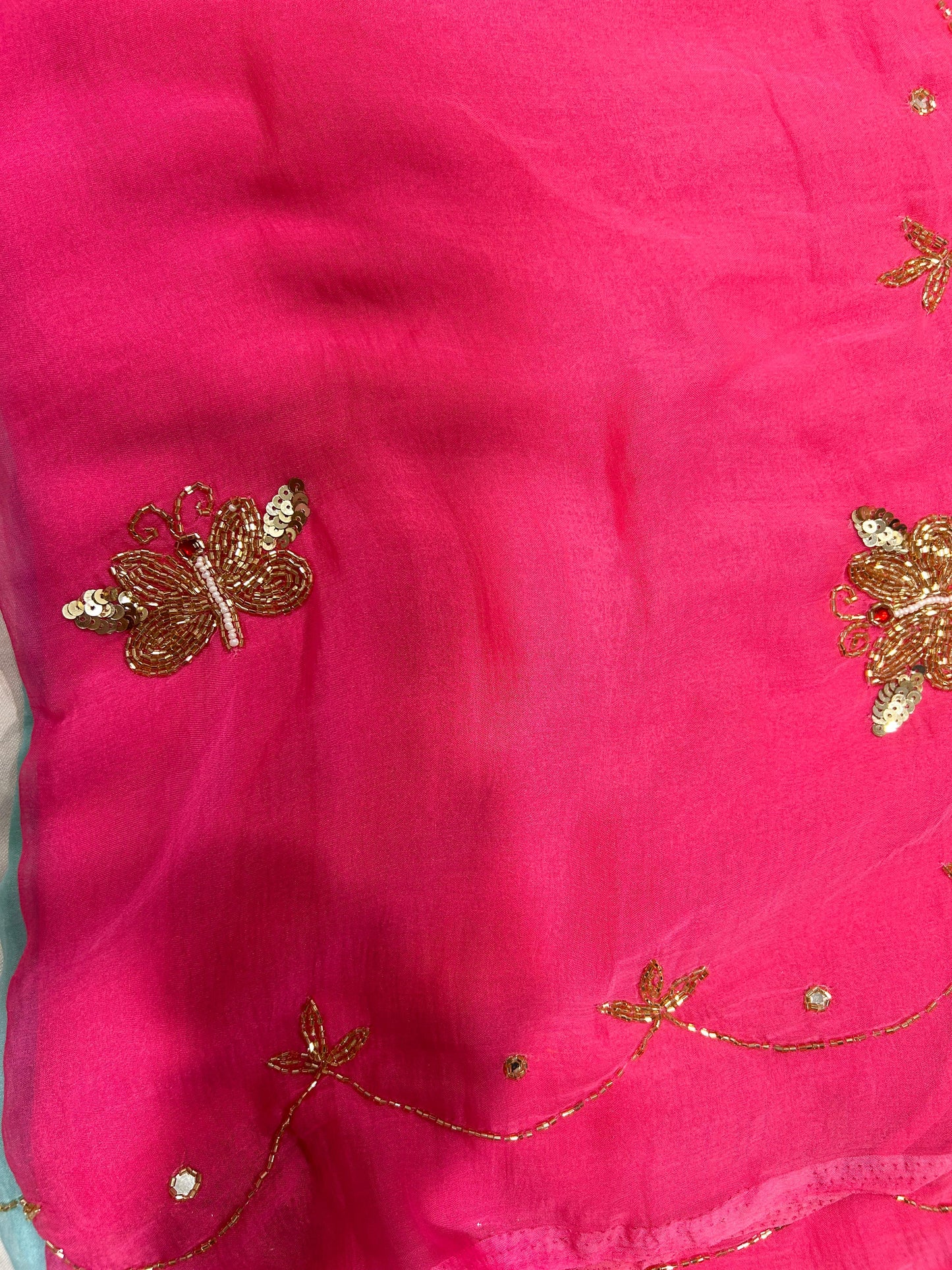Parizaat Chiffon Saree (Ombre Blend of Hot Pink & Sea Green)
