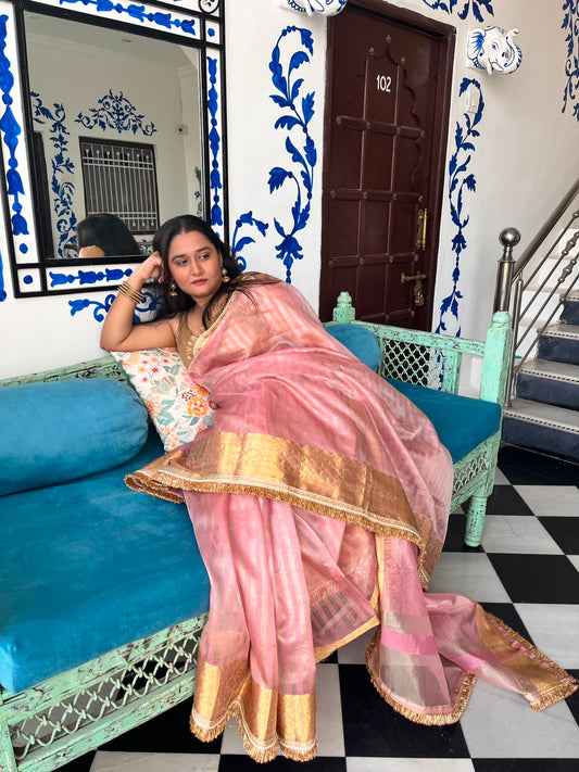 Blush Peach Tissue Silk Saree with Zari Border