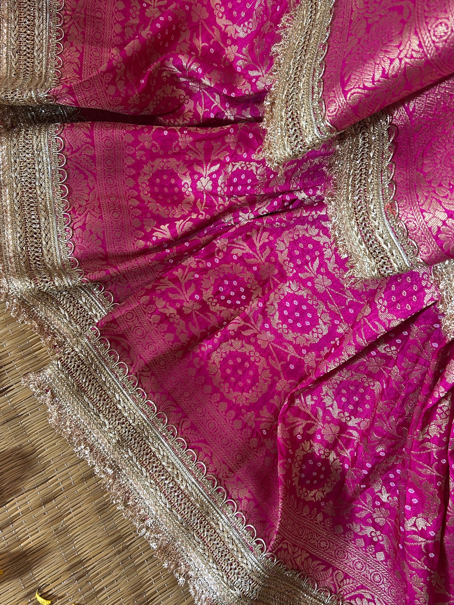 Noor Jahan Bandhej Banarasi Saree (Rani Pink)