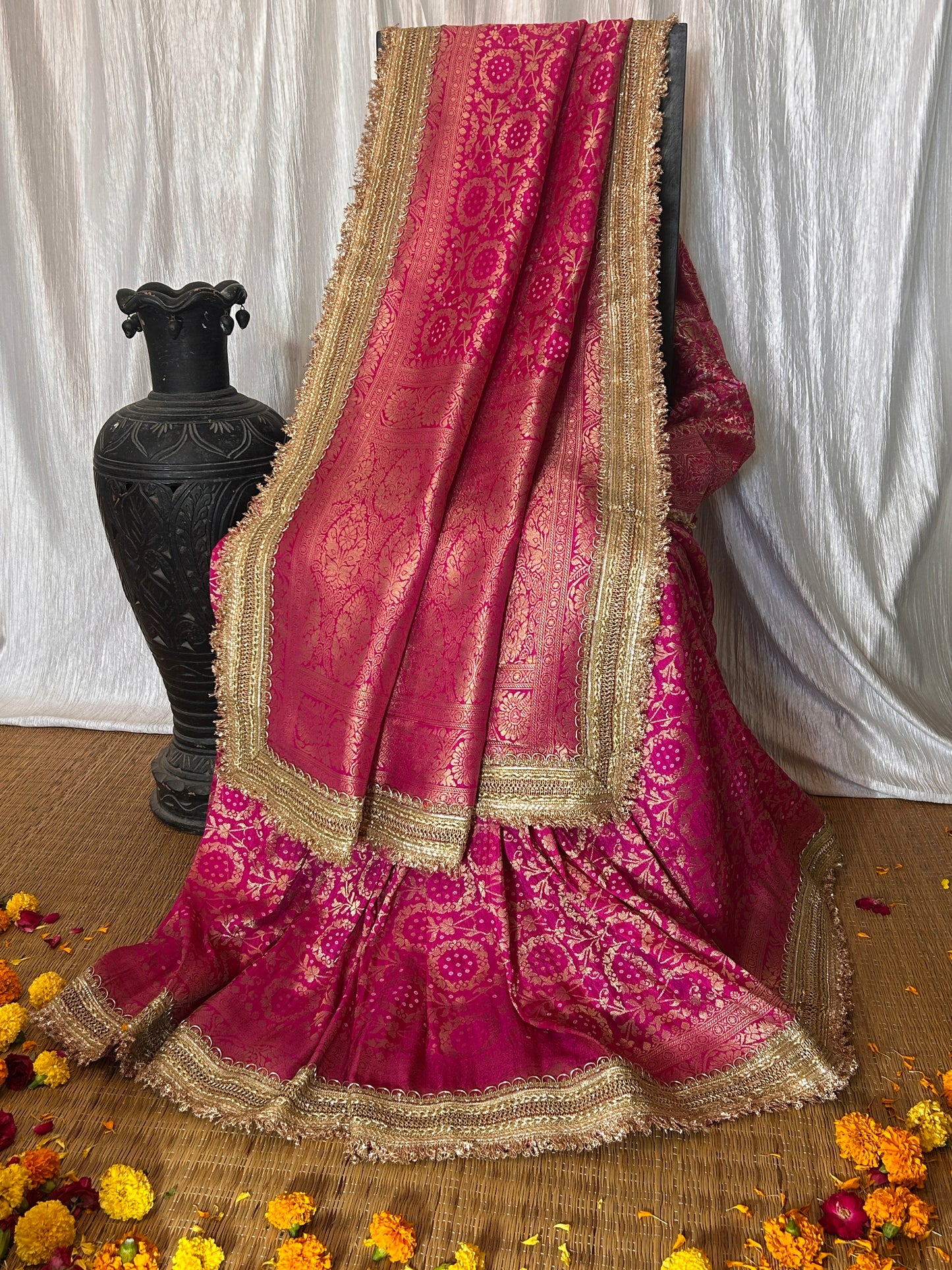 Noor Jahan Bandhej Banarasi Saree (Rani Pink)