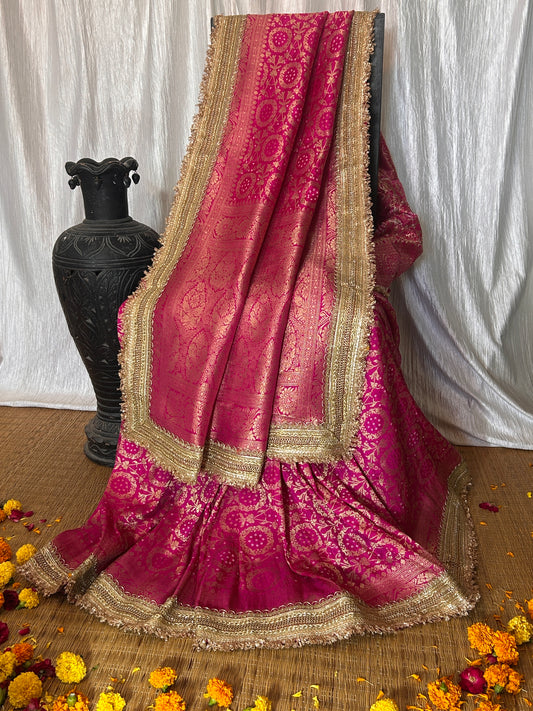Noor Jahan Bandhej Banarasi Saree (Rani Pink)