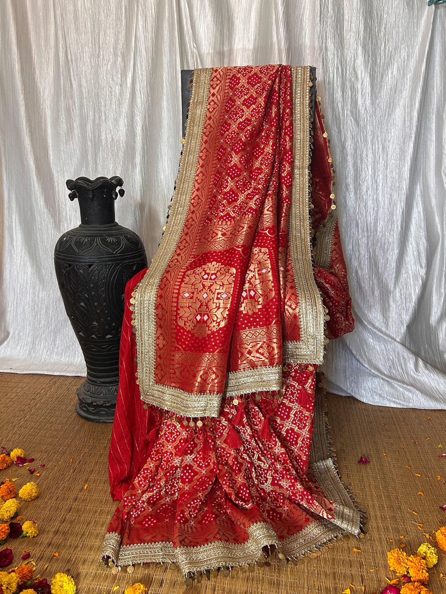 Begum Banarasi Bandhani Saree (Crimson Red)