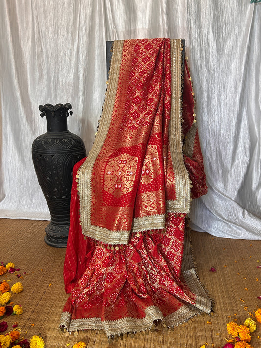 Begum Banarasi Bandhani Saree (Crimson Red)